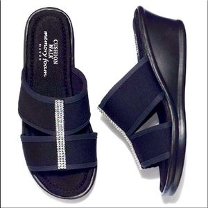 Black wedge sandals with clear rhinestones